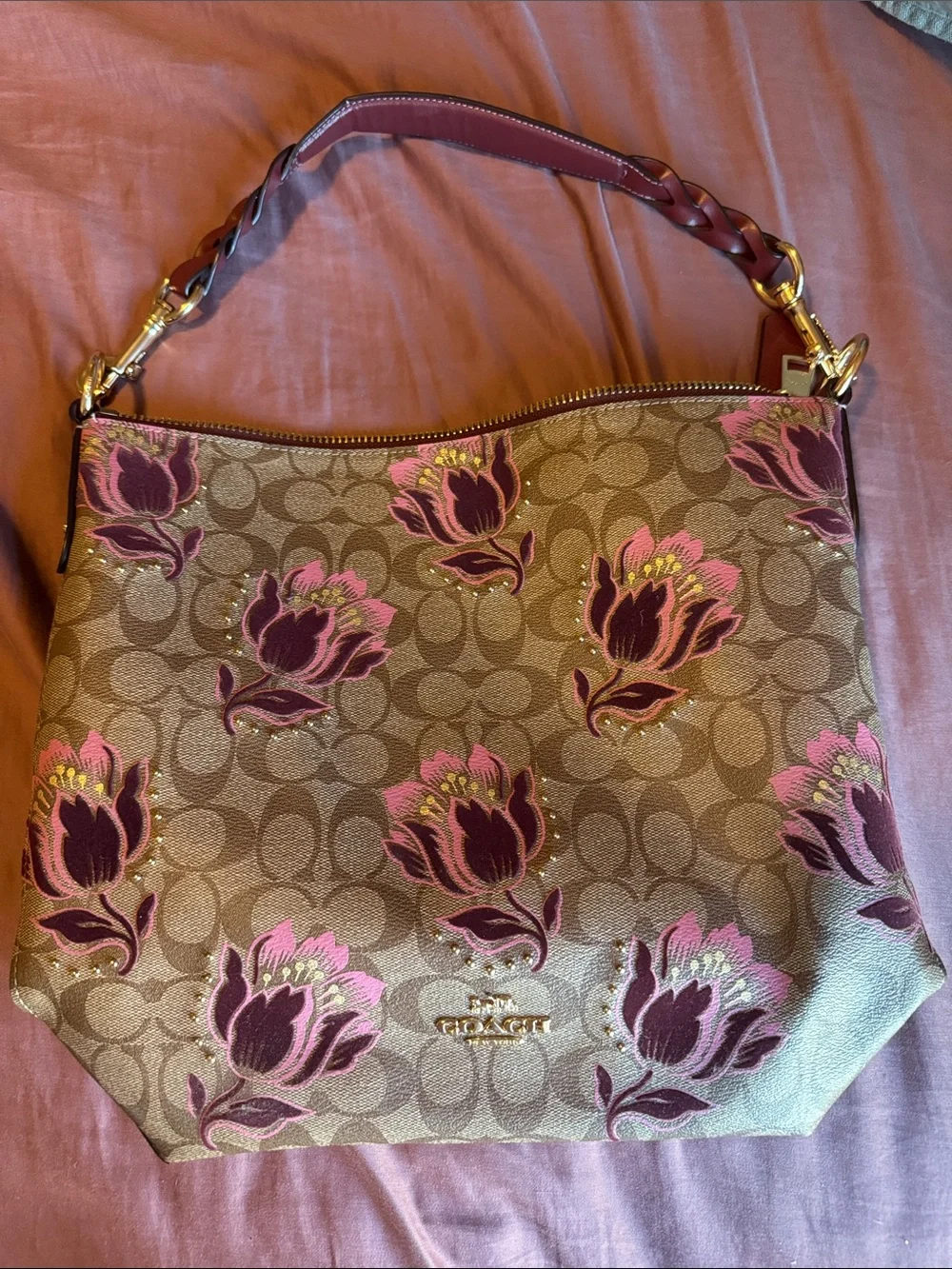 Coach Brown Signature Tote with Pink Floral Print and Gold Hardware